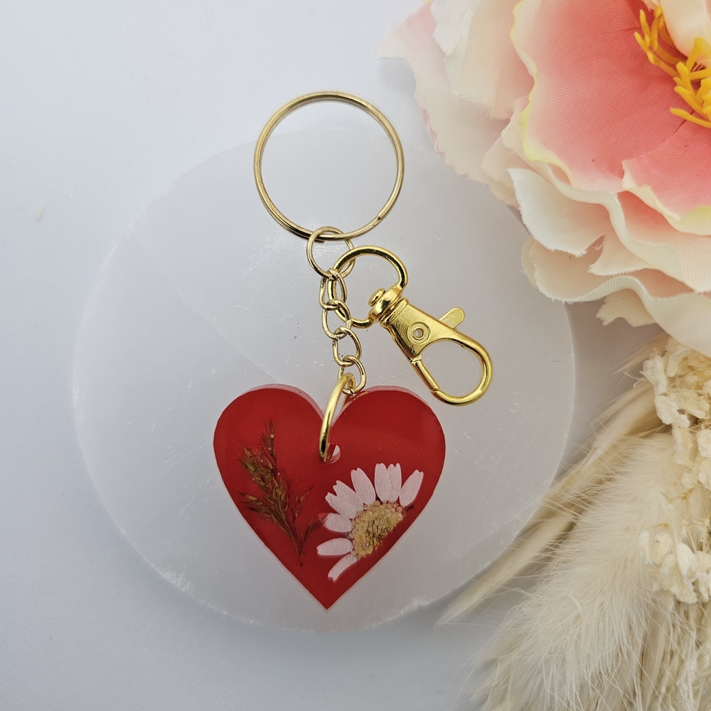 Red Heart Resin Keychain with Floral Design